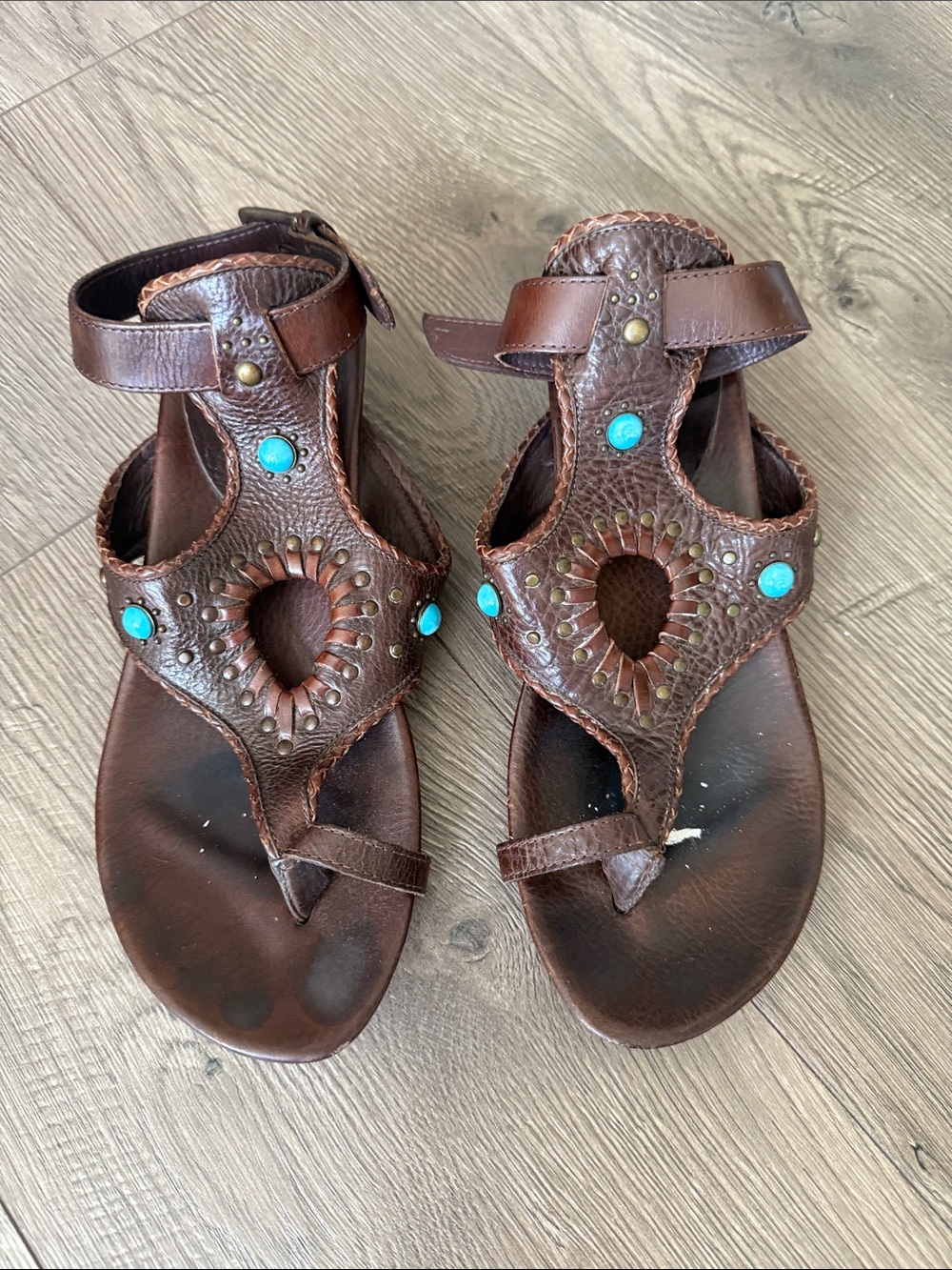 Frye Brown Leather Sandals with Turquoise Studs